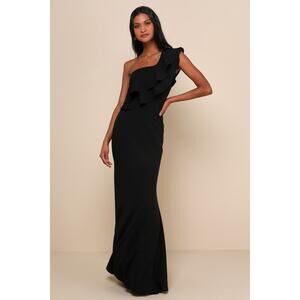 Lulus NWT Grand Beauty Black Ruffled One-Shoulder Mermaid Maxi Dress Medium